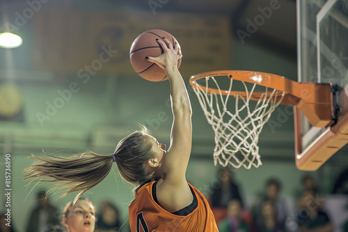 A female basketball player is in mid-air