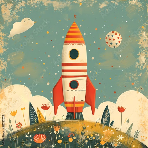 A playful children's book-style rocket, adorned with stripes and polka dots, rising cheerfully above a storybook landscape. photo
