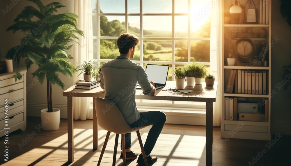 Image of a man sitting at a home office desk, working on a laptop Image of a man sitting at a home office desk, working on a laptop