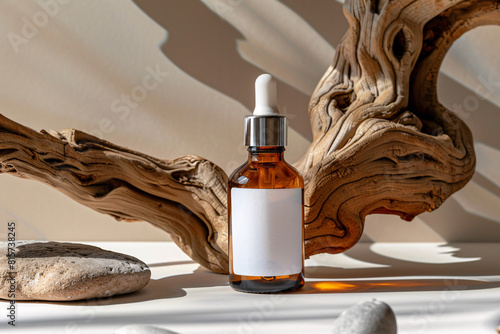 Glass serum dropper bottle with a piece of driftwood and rocks. Skin care product packaging design photo