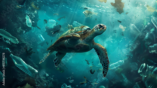 Sea Turtle Swimming Amongst Plastic Pollution © Mutshino_Artwork