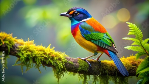 a colorful bird is standing on a branch with a blurry background. © Abanop