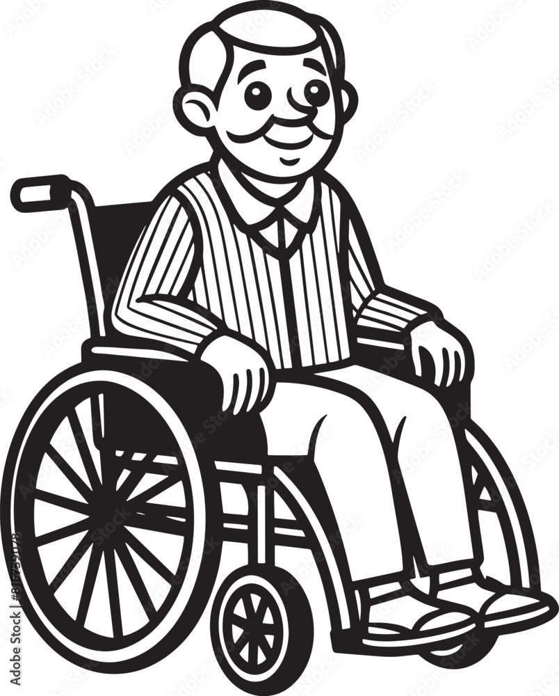 Old Man in Wheelchair - Black and White Cartoon Illustration, Old Man in Wheelchair - Black and White Cartoon Illustration,