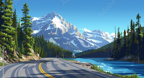 A mountain range is in the background of a road with a river in the foreground photo