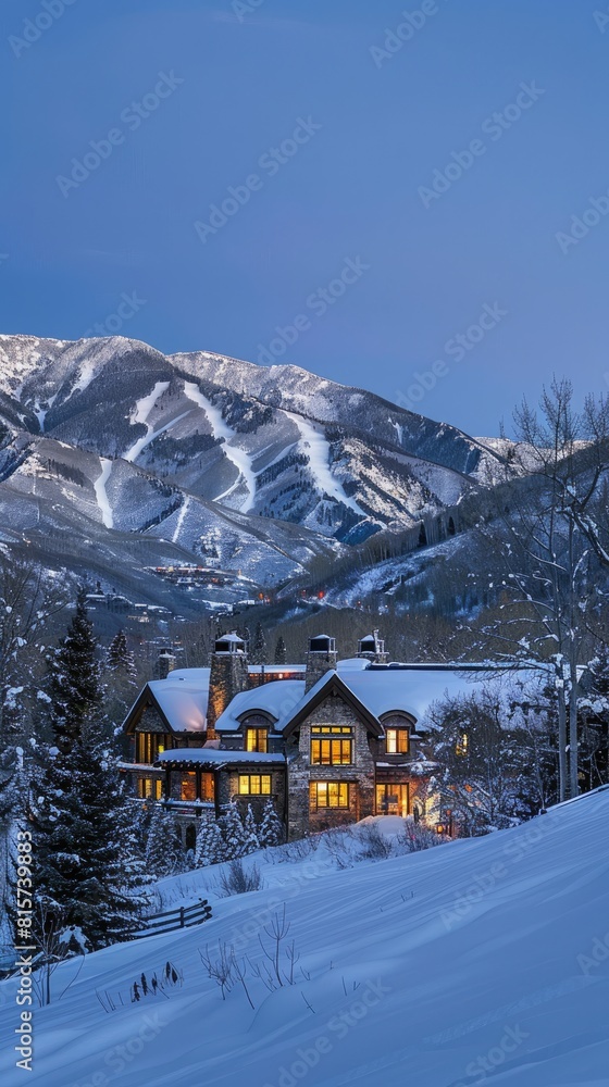 Fototapeta premium an upscale rental lodge, nestled amidst the snow-capped mountains, offering a cozy retreat for discerning travelers seeking elegance and comfort.