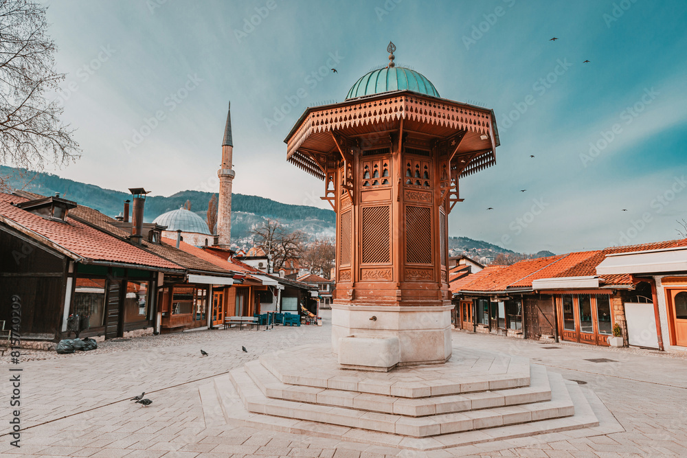 Against the backdrop of ancient architecture, Sebilj fountain embodies the essence of Islamic artistry and tradition in Bosnia's capital - Sarajevo