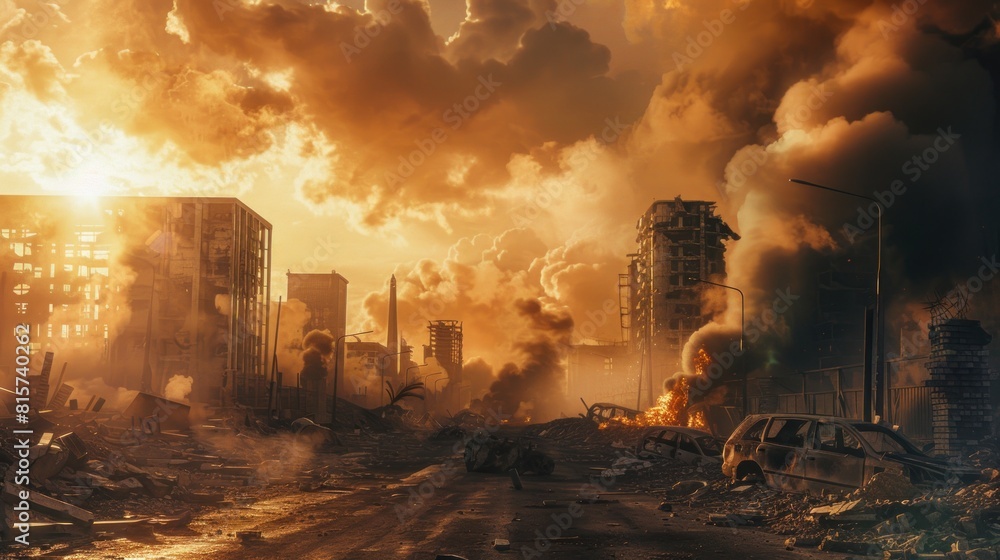 Post apocalypse battlefield, smokes and disaster
