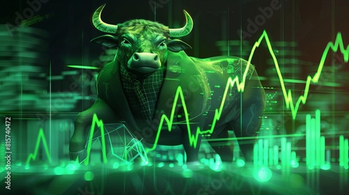 Cartoonstyle bull in a customfit business suit, making a bullish gesture on a graph of rising stocks photo