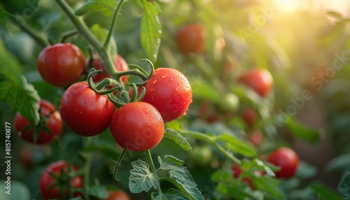 Fresh tomato in the field and plantation under the sun light.