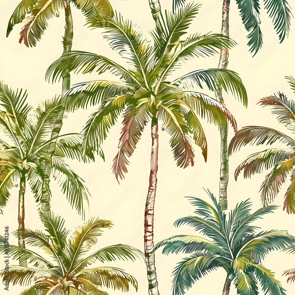 Hand drawn palm tree seamless pattern illustration set. Hawaiian print collection, summer vacation background in vintage art style. Tropical plant painting wallpaper texture. 