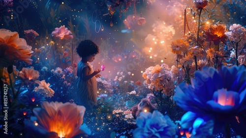 Happy children walking at fantasy forest with glowing flower with magical moment surrounded with fantasy animal. Attractive girl walking at enchanted wild garden landscape. Abstract background. AIG42.