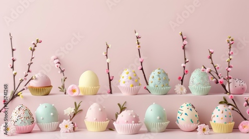 Painted Easter eggs and cupcake displayed with willow branches adorned with fresh flower heads on a light pink background Ample room for text