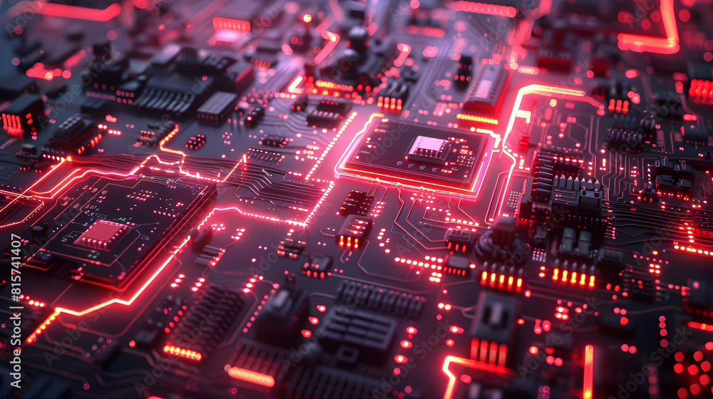 Innovative Futuristic Technology Background with Glowing Neon Circuit Boards and Sleek Metallic