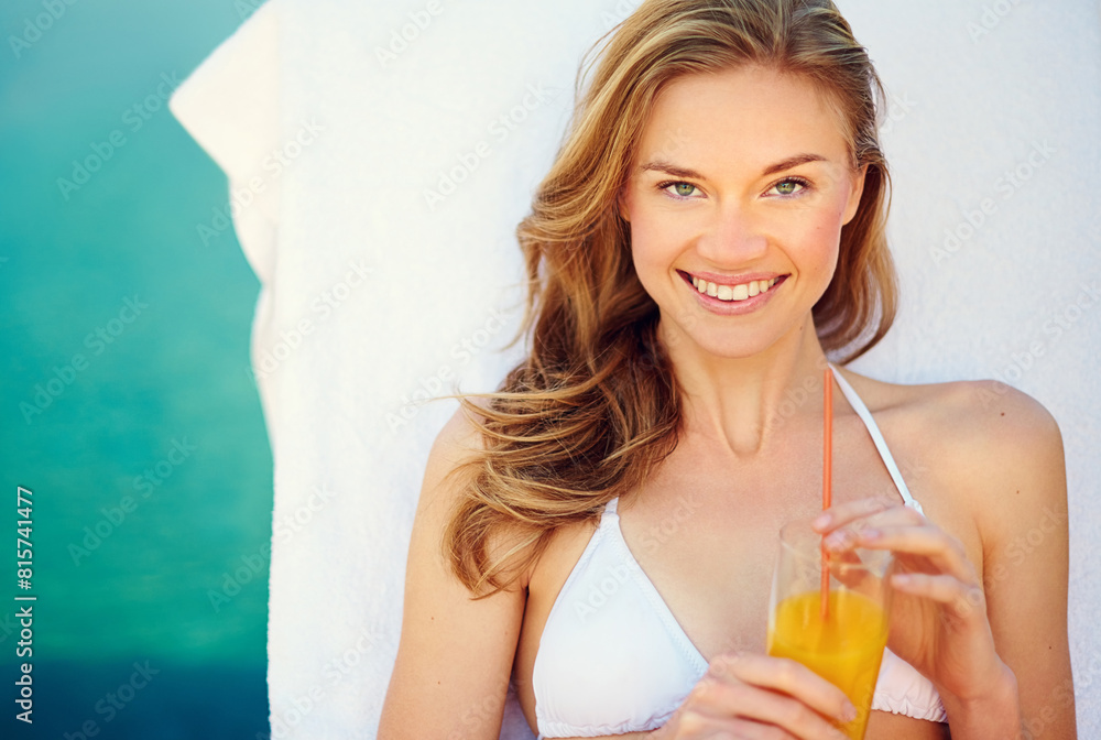 Woman, juice and relax by swimming pool and lounge chair for summer holiday or tropical vacation. Above portrait of person or tourist by hotel with healthy drink, cocktail or alcohol at outdoor break Woman, juice and relax by swimming pool and lounge chair for summer holiday or tropical vacation. Above portrait of person or tourist by hotel with healthy drink, cocktail or alcohol at outdoor break