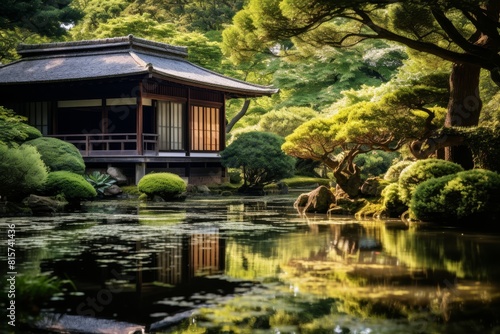 A Serene Snapshot of a Traditional Japanese Tea House with Intricate Wooden Details