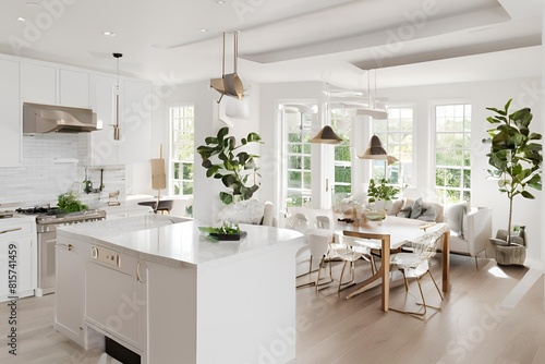 Luxurious interior design of white kitchen  dining room with windows and living room in one space.