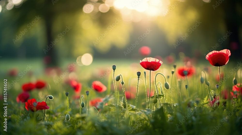 Obraz premium A field filled with red poppies during the golden hour of sunset. The vibrant red flowers stand out against the green grass, creating a beautiful contrast in the natural landscape