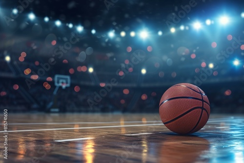 Close-up of a basketball on a shiny court with blurred arena lights in the background