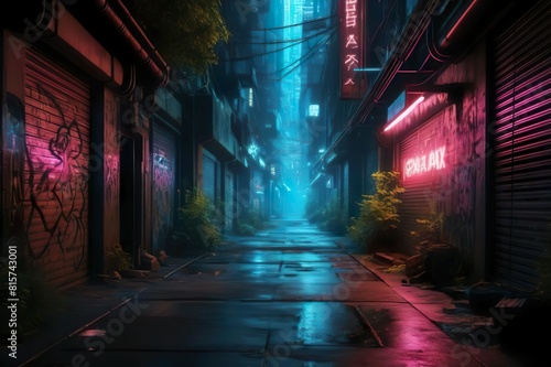 nature background a dark, neon-lit cyberpunk alleyway with graffiti-covered walls, shady figures, and futuristic technology integrated into the environment © iLegal Tech