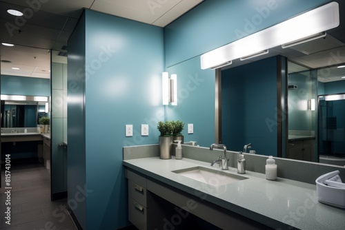 A Contemporary Office Restroom in Topaz Blue with High-End Fixtures and Marble Surfaces