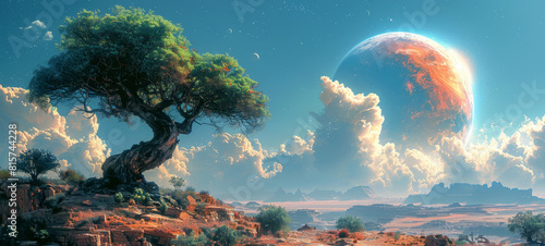 A fantastical landscape featuring a large, vibrant tree on rocky terrain, under a sky with clouds and an oversized planet in the background.