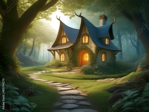 Nature background design a whimsical fairy tale scene with a charming cottage in the woods, playful fairies, and a winding path leading to a magical portal © iLegal Tech