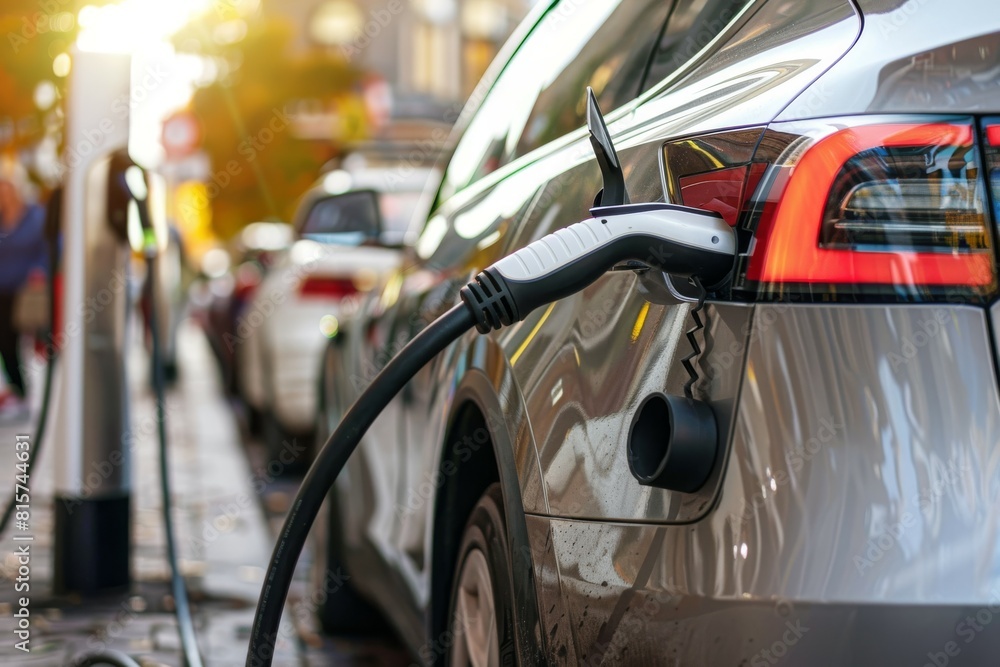 EV plugged in at public charging station EV plugged in at public charging station