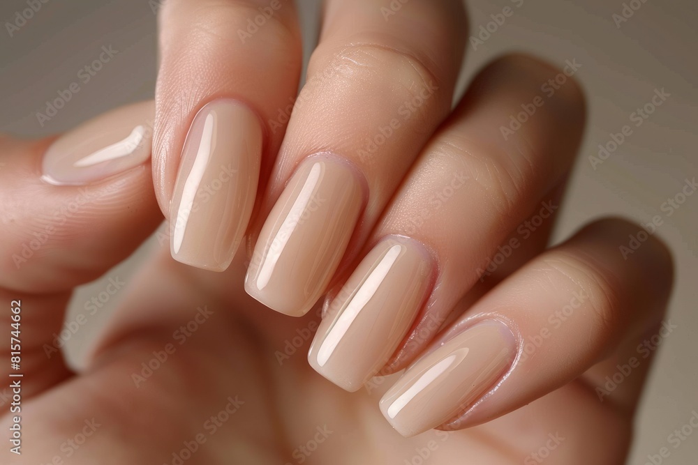 Close-up of a woman's hand with an elegant neutral manicure. Beautiful light pink gel nail polish on rectangular nails Close-up of a woman's hand with an elegant neutral manicure. Beautiful light pink gel nail polish on rectangular nails