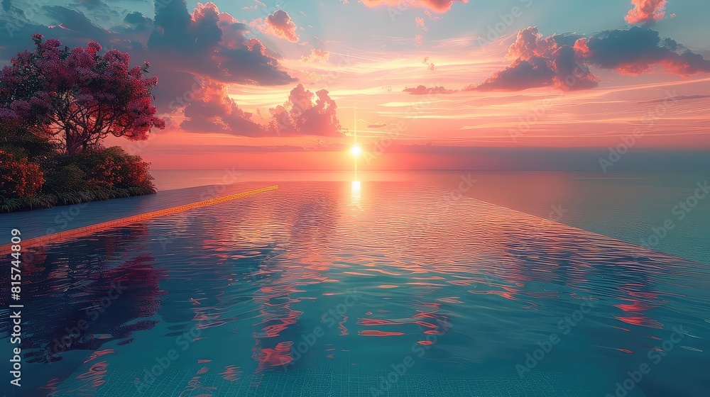 Minimalist swimming pool on a secluded beach property, seamless horizon view, sunrise, front shot