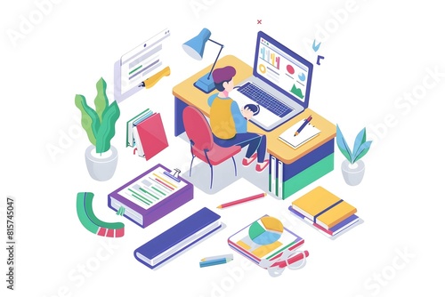 Minimalist Isometric Illustration of Student Learning Online at Home with Teacher Assistance in Flat Vector Style