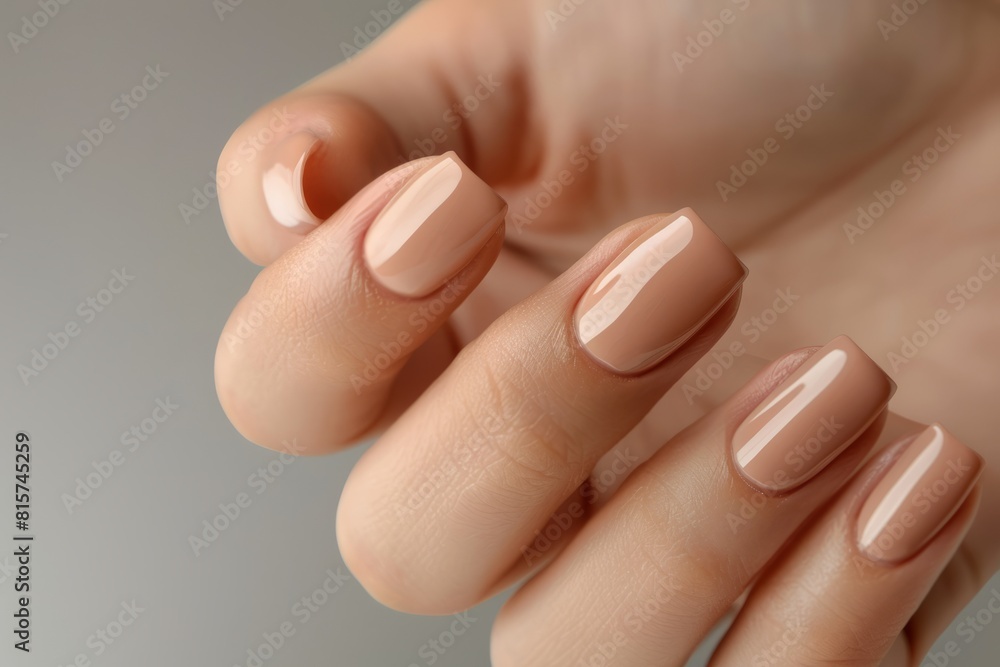 Close-up of a woman's hand with an elegant neutral manicure. Beautiful light pink gel nail polish on rectangular nails Close-up of a woman's hand with an elegant neutral manicure. Beautiful light pink gel nail polish on rectangular nails