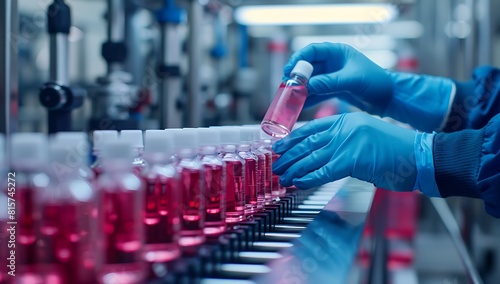 A closeup shot of hands in blue gloves working on a production line, having vials filled with clear liquid at their end, all set against an industrial background