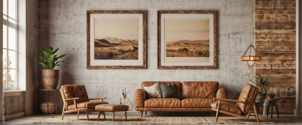 Cozy rustic living room interior with leather sofa, armchairs and framed landscape artwork. Cozy rustic living room interior with leather sofa, armchairs and framed landscape artwork.