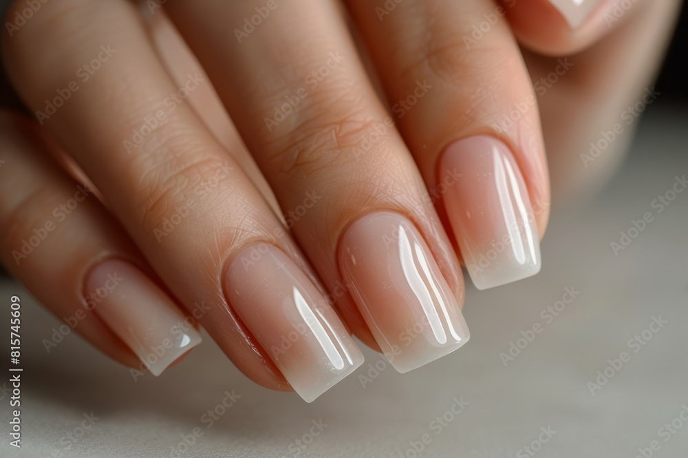 Close-up of a woman's hand with an elegant neutral manicure. Beautiful light pink gel nail polish on rectangular nails Close-up of a woman's hand with an elegant neutral manicure. Beautiful light pink gel nail polish on rectangular nails