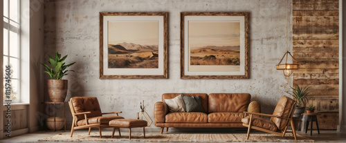 Cozy rustic living room interior with leather sofa, armchairs and framed landscape artwork.
