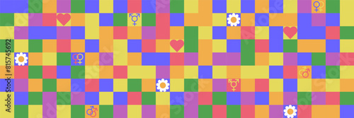 Pride month Y2K aesthetics geometric banner.  Multicolor LGBTQ mosaic pattern with simple shape