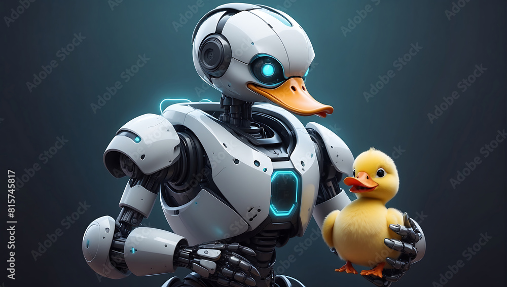 A futuristic robot with a duck like face and mechanical body gently holding a duckling on its hand. The setting appears to be a forest with a soft blurred background A futuristic robot with a duck like face and mechanical body gently holding a duckling on its hand. The setting appears to be a forest with a soft blurred background