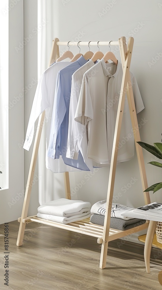 a garment rack in a light-filled modern living room, blending seamlessly with the contemporary decor and minimalist aesthetic for a stylish organization solution. a garment rack in a light-filled modern living room, blending seamlessly with the contemporary decor and minimalist aesthetic for a stylish organization solution.