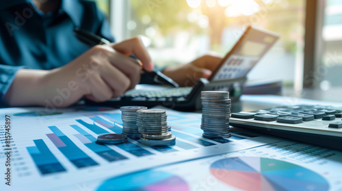 Infographics and coins on the table against the background of a man with a laptop. Budget planning and management concept. Company budget allocation for business or project management. 