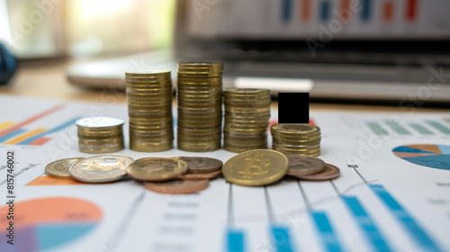 Company budget allocation for business or project management. Infographic and coins on the table. Budget planning and management concept. Effective and smart budgeting. 