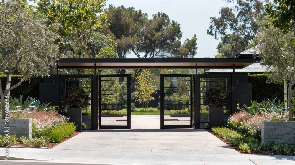 a modern villa courtyard gate, featuring a sleek flat roof and a small area of modern paving, creating a welcoming entrance with minimalist sophistication.