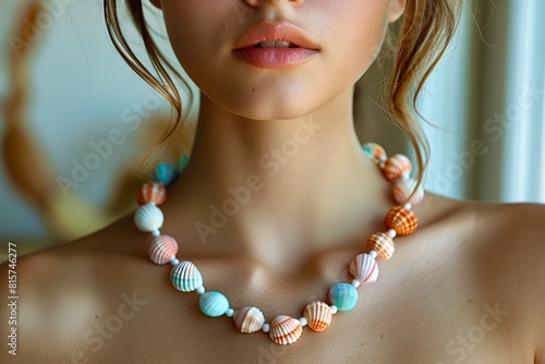 Close-up of necklaces made of real sea multicolored shells on the neck of a young girl with fair, clear skin