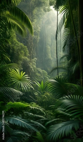 Nature background a lush  dense tropical rainforest with towering trees  vibrant green foliage  and exotic wildlife hidden among the plants