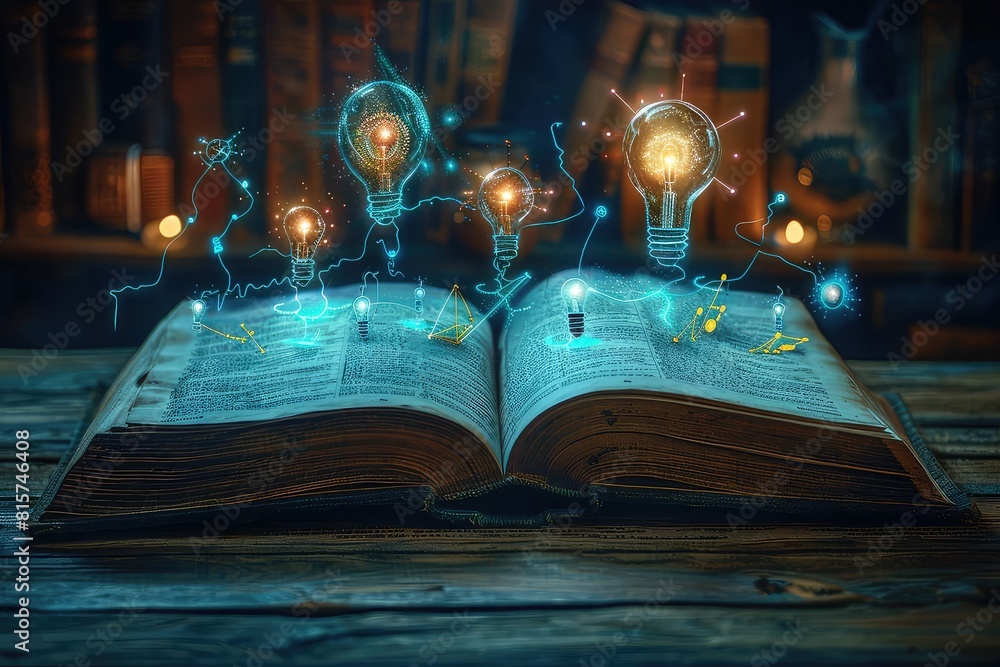Obraz premium Open book with glowing icons of art and science lifting off the pages, imagination in education, side angle