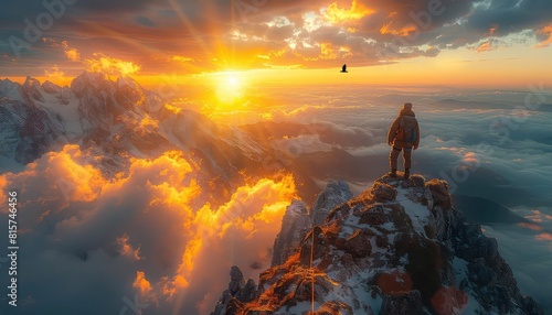 Panoramic shot of a climber reaching the summit with an eagle flying overhead, unity with nature, early morning