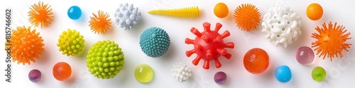 A collection of various types of rubber toys in the shape of microscopic cells and balls, isolated on a white background with a clipping path photo