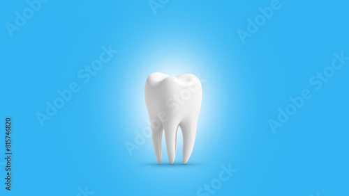 Model of human tooth on blue background. Minimal dental medical advertising poster.