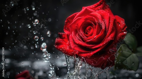 Red Rose Splashing Dramatic Floral Composition on Black Background with Copy Space for Artistic Expression and Design Projects 