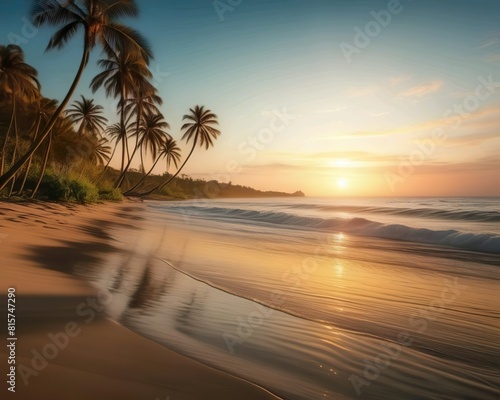 Nature background a tranquil beach scene at dawn, with gentle waves lapping at the shore, palm trees swaying, and the first light of day breaking over the horizon