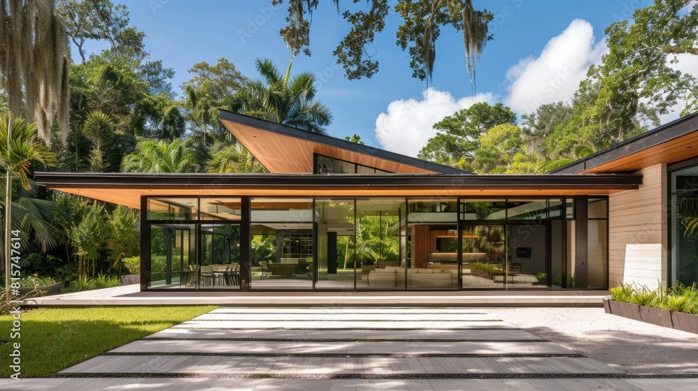 a modern villa courtyard gate, featuring a sleek flat roof and a small area of modern paving, creating a welcoming entrance with minimalist sophistication.